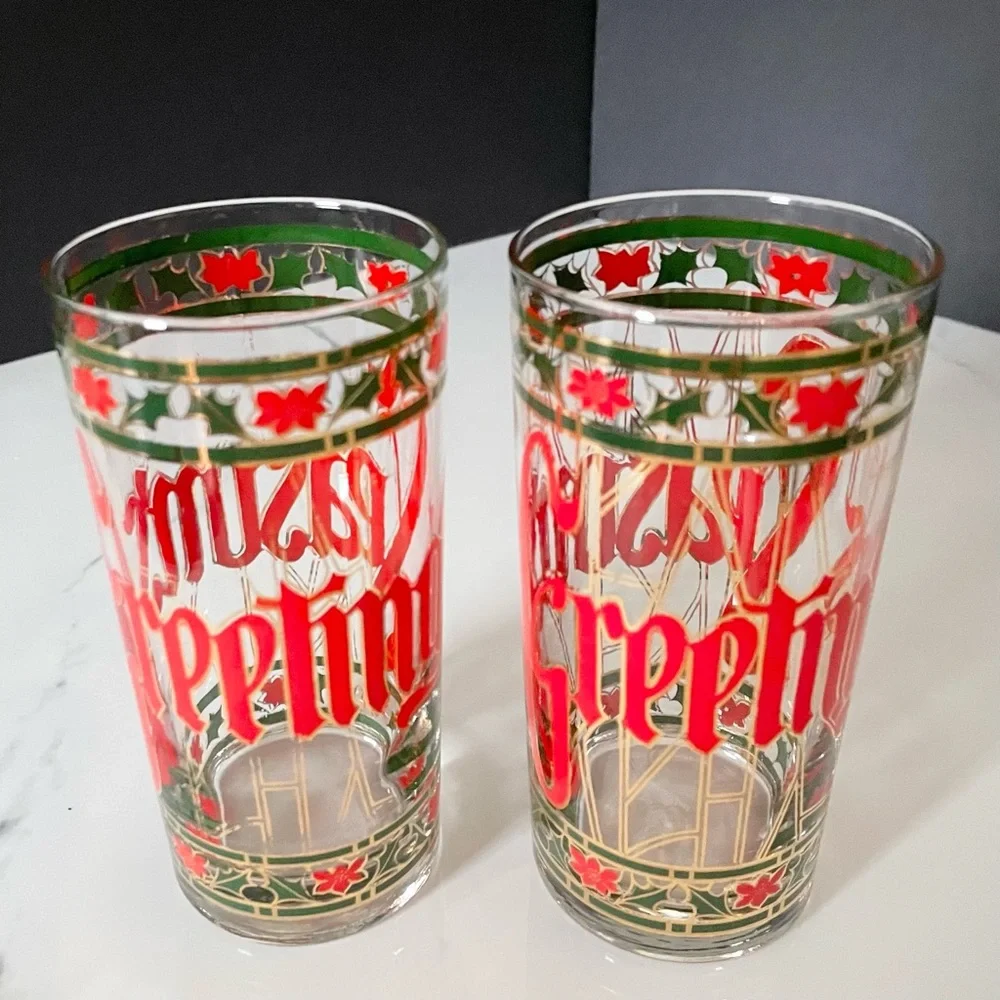SET of 2 Highball Season's Greetings Glasses by Culver